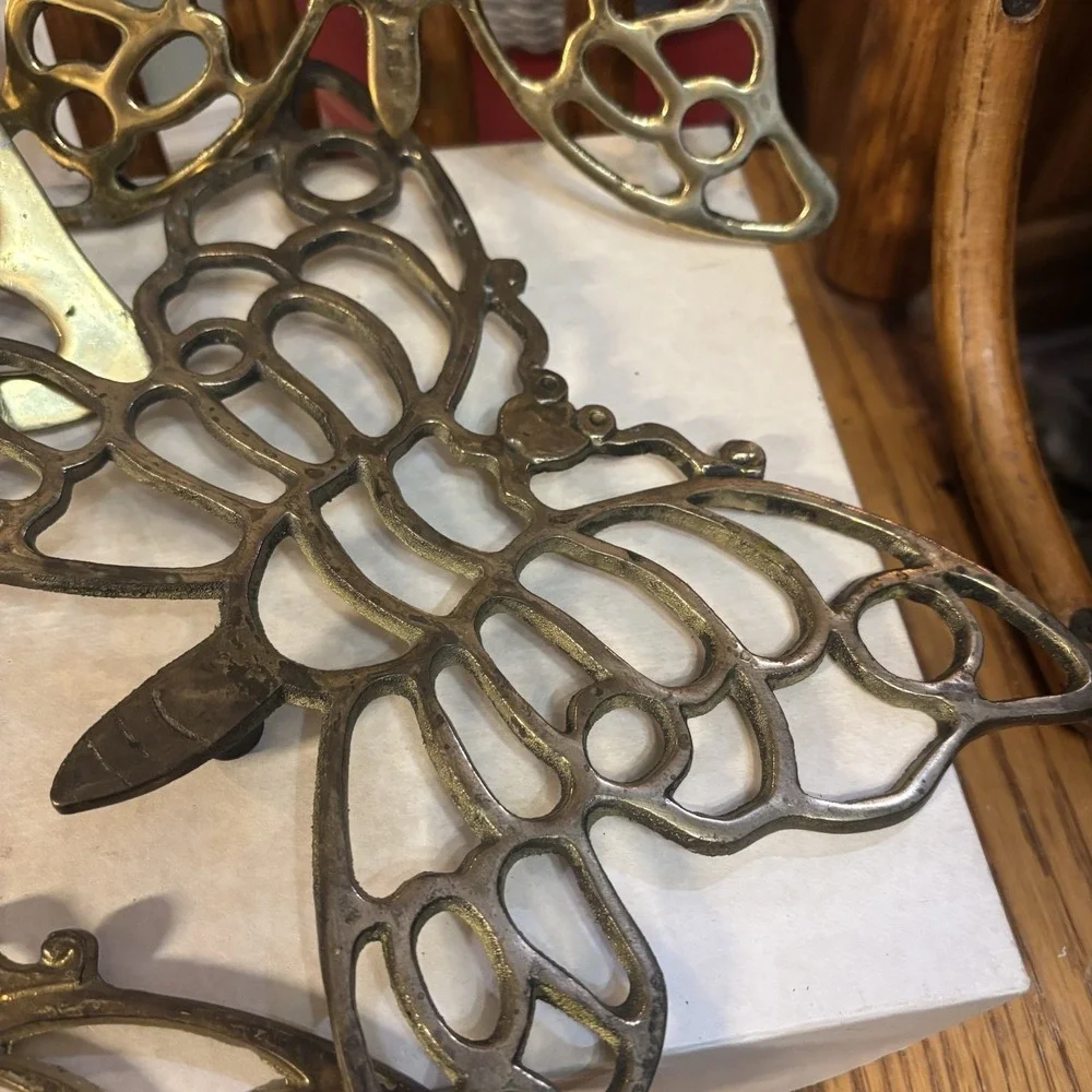 Vintage Patinated Four Brass‎ Butterflies, Trivets Wall Hangings Made In Taiwan